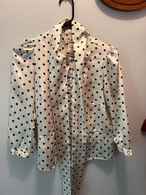 Cream Satin Polka Dot Blouse with Neck Tie